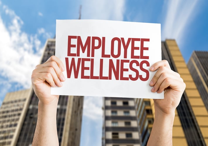 Employee Benefits placard with cityscape background Employee Benefits placard with cityscape background